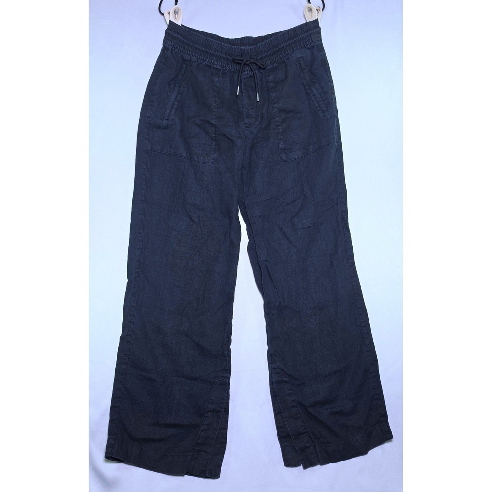 Athleta Retreat Wmn Small Navy Blue 100% Linen Wide Leg Drawstring Casual Pants